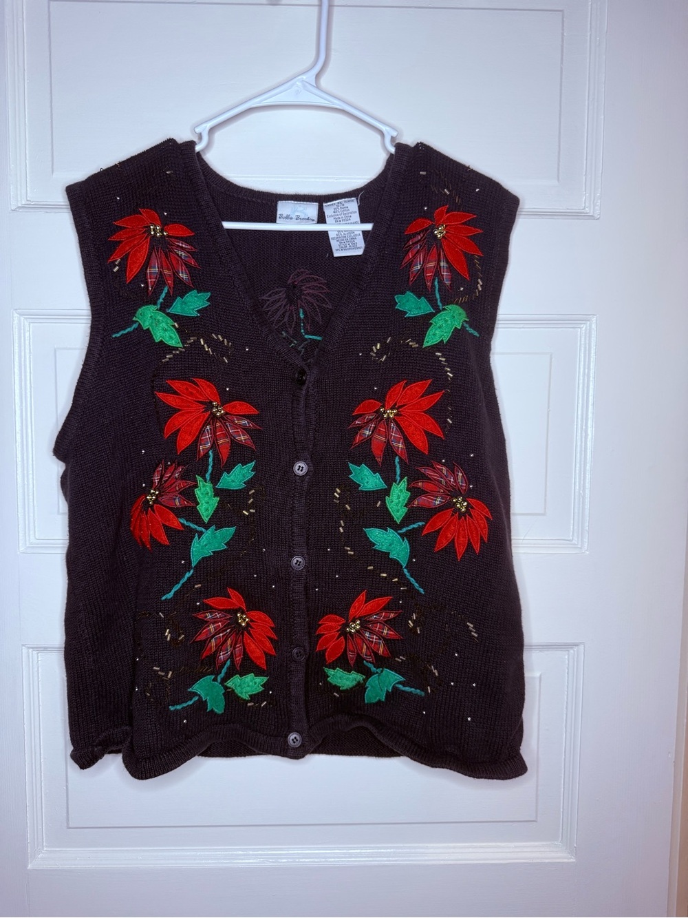 Bobbie Brooks Black Knit Vest with Red Poinsettia Embroidery